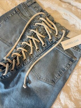 Smocked Lace-Up Waist Light Wash Jeans